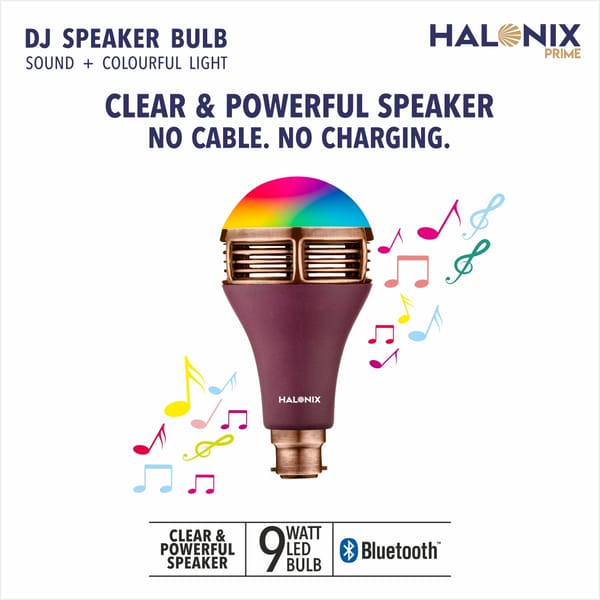 Halonix Prime DJ Speaker 9W Base-B22 Millions Color Smart Bluetooth led Bulb Pack of 1 (Clear & Powerful Bluetooth Speaker with Colorful Light)
