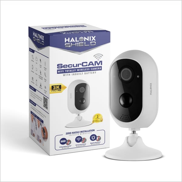 Halonix SecurCAM Totally Wireless 3MP 3K Pro HD Wi-Fi Smart Home Security Camera with Inbuilt Battery| 8X Digital Zoom| No Power Cord | No Screws/Drilling| 2 Way Audio| Colored Night Vision